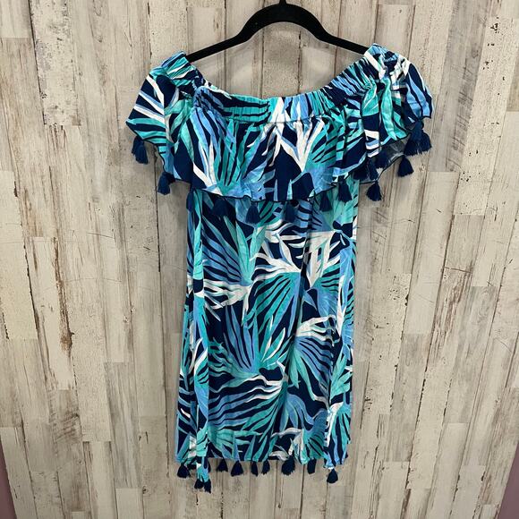 escapada Blue Tropical Floral Mini Dress Tunic Tassels Off The Shoulder XS - Picture 5 of 7